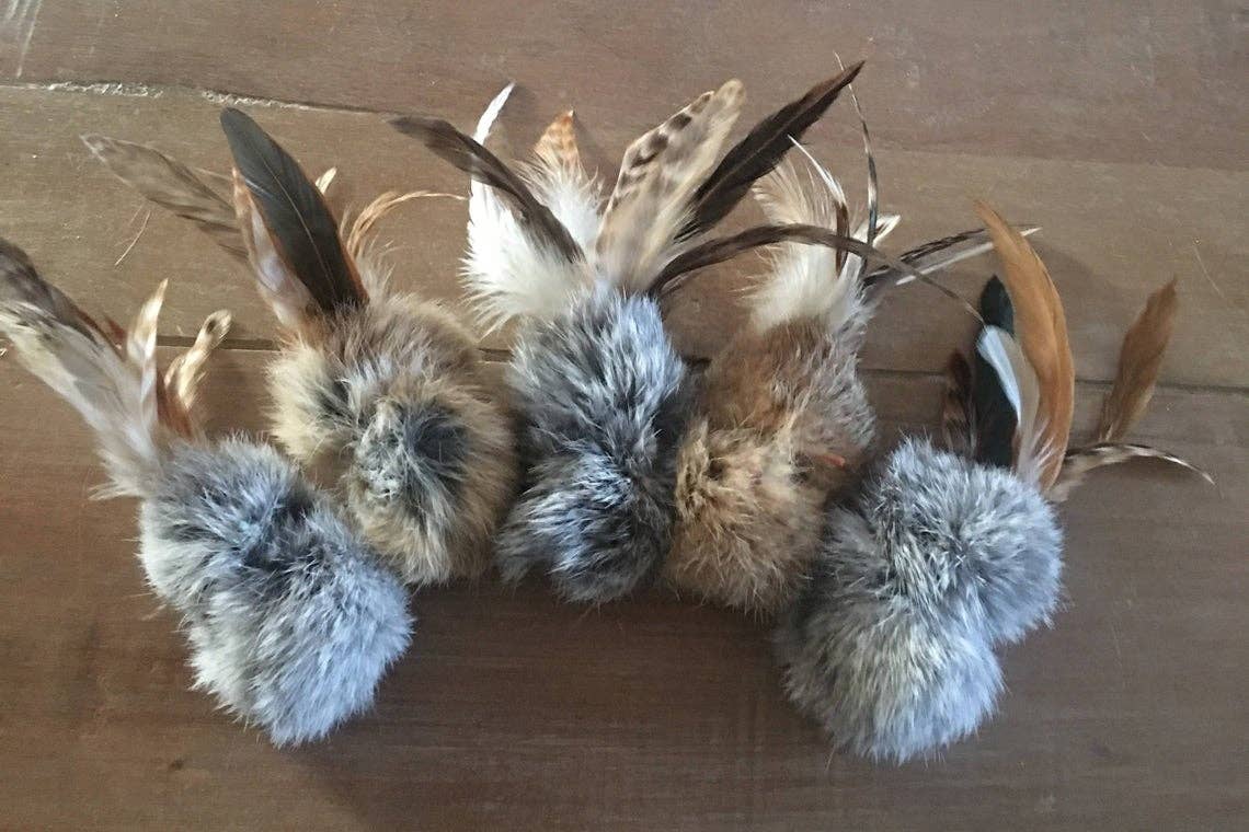 Natural Rabbit Fur & Feathers, Handmade Birbit Cat Toy